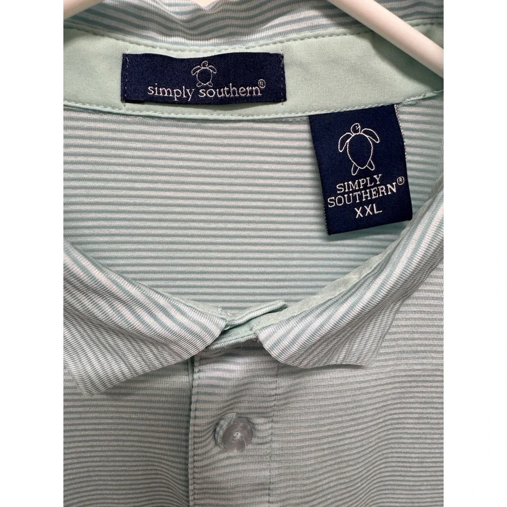 Simply Southern Mens XXL Performance Polo Shirt Aqua Blue‎ Striped Turtle Logo - Picture 3 of 9